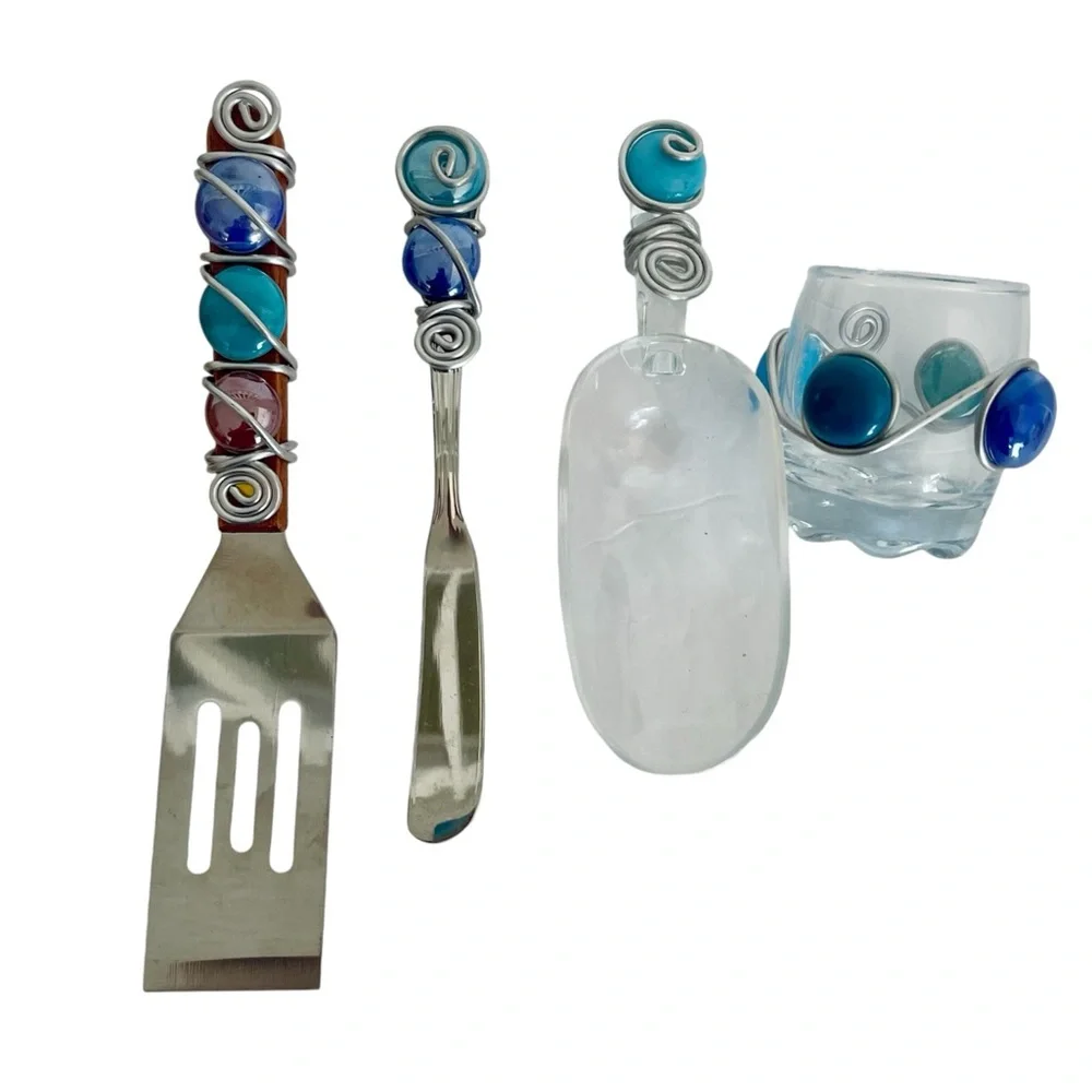 Handcrafted beaded 4 piece wire set spatula, cup, scooper, spreader set Artisan